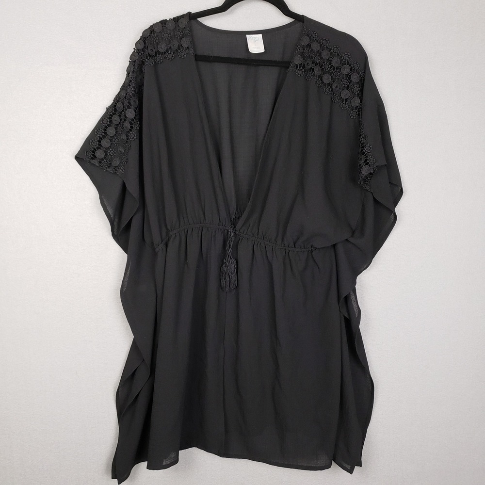 Kona Sol Size L Swimsuit Cover Up Dress Black Beach Vacation Pool Crochet Sleeve